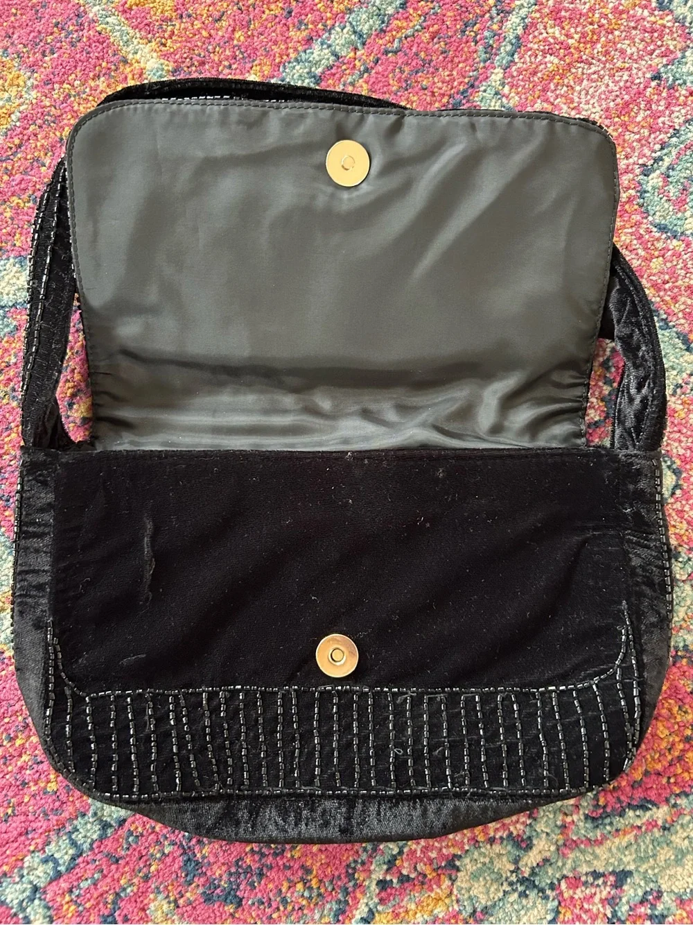 a new day | Women’s Black Beaded Velvet Front Snap Flap Shoulder Bag OS